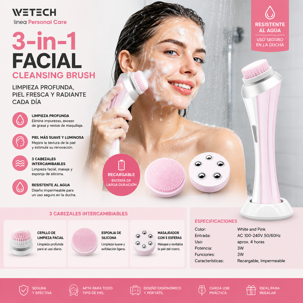 Cepillo Facial Eléctrico 3 en 1 Recargable | Limpieza Profunda, Exfoliación y Masaje Facial