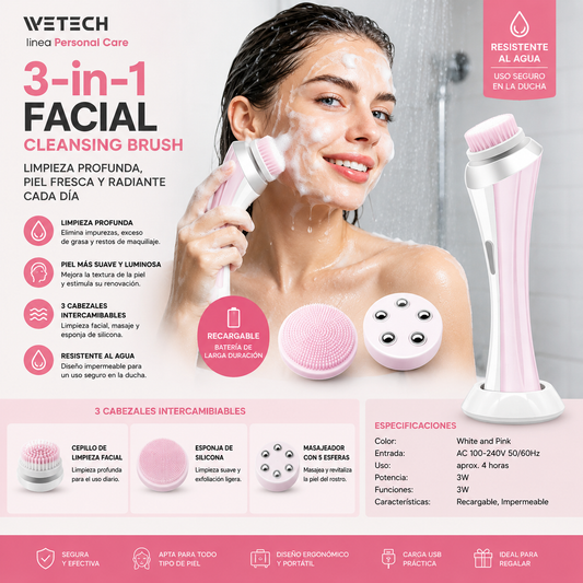 Cepillo Facial Eléctrico 3 en 1 Recargable | Limpieza Profunda, Exfoliación y Masaje Facial
