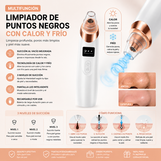 Limpiador de Puntos Negros con Calor y Frío | Aspirador Facial Eléctrico Recargable USB